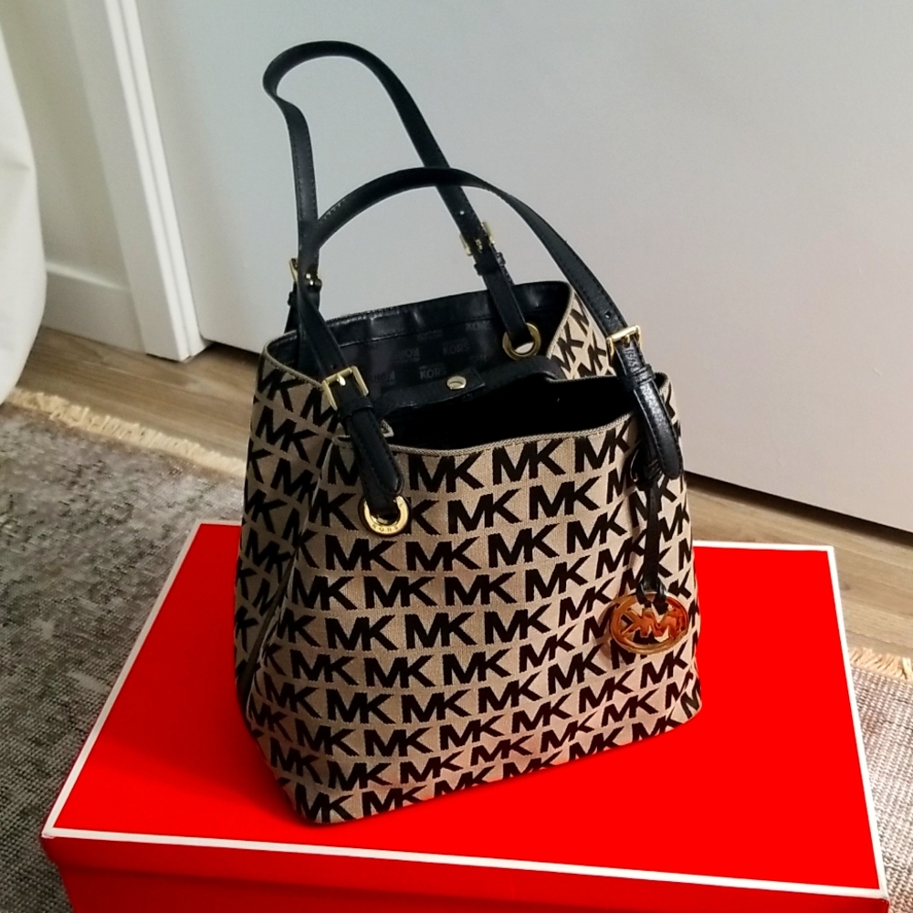 Michael Kors MK Logo Canvas Tote Bag Leather Handle